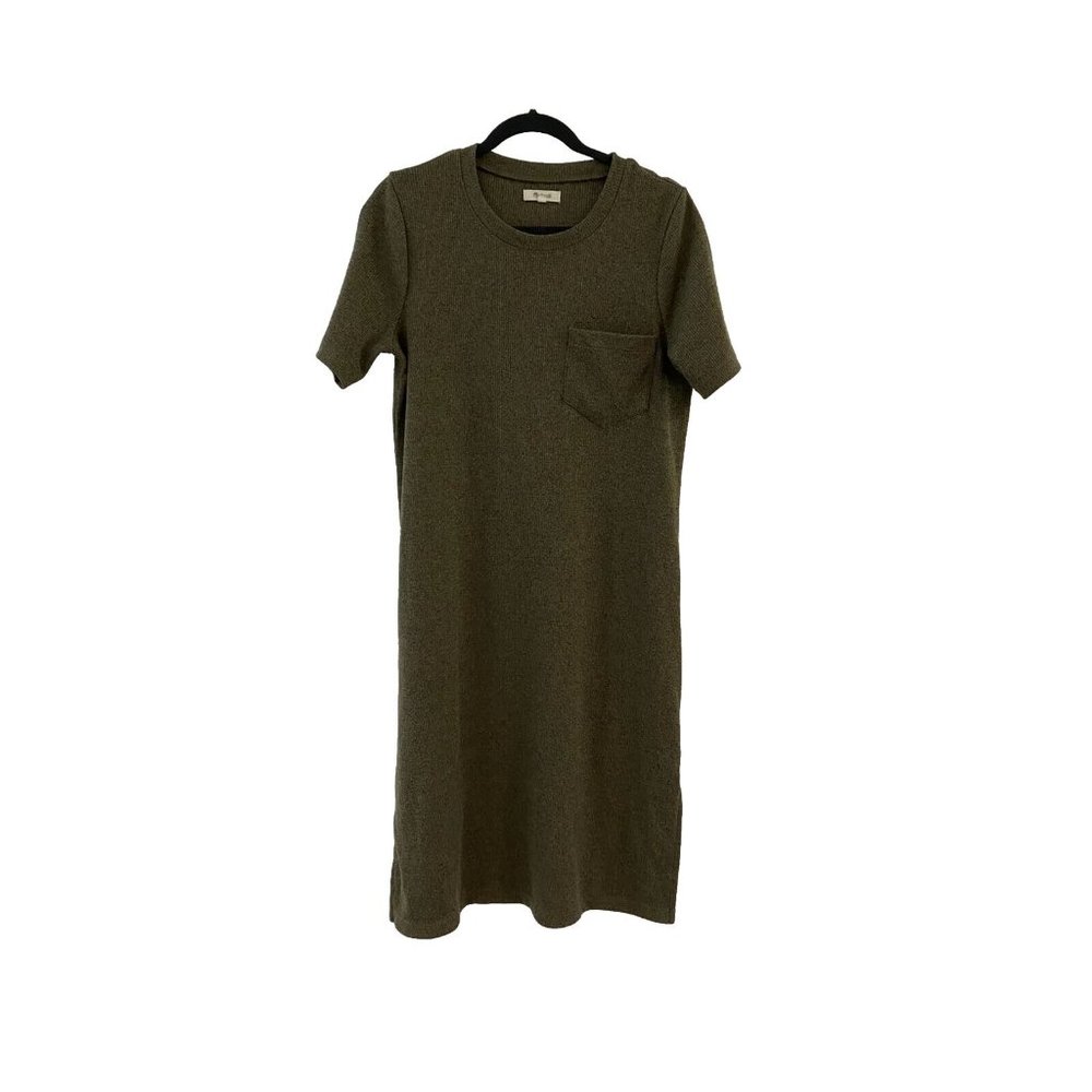 Madewell Medium Dress Army Green Midi Shirt Ribbed Pocket Stretch Pullover